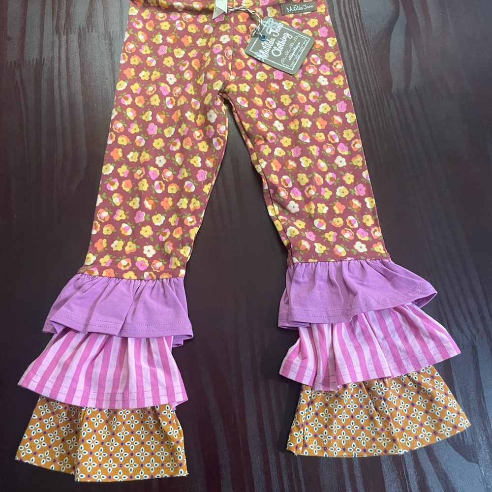 Matilda Jane Floral and Striped Ruffle Leggings - Pink, Yellow, Brown